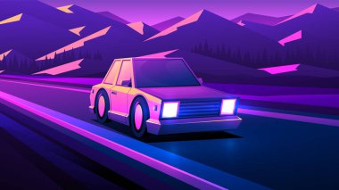 Yol ve dağlar boyunca giden bir arabanın üzerindeki batan güneşin güzel bir çizimi. Akşam yatay seyahat manzarası.