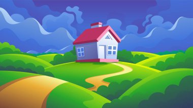 Tarlalar arasında küçük, modern bir yerleşim yeri. Çizgi film tarzında renkli yatay villa çizimi.