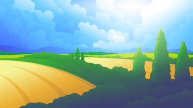 Güneşli bir günde güzel, olgun altın gerçekçi tarlalar. Doğa tarım yatay illüstrasyonuName.