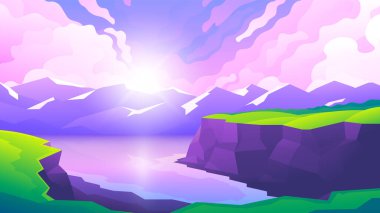 Dağın arka planında, suyun yakınındaki uçurumun akşam manzarası. Dağ aralığı resimlerinde pembe gün batımı.