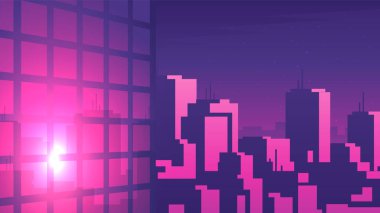 Akşam yatay illüstrasyon şehri manzarası. Pembe günbatımı Metropolis 'in gökdelenlerinde parlıyor.
