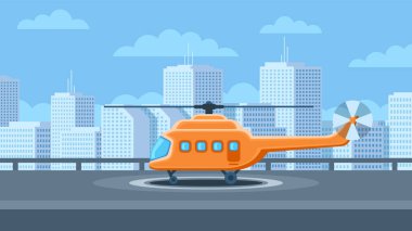 Düz çizgi film turuncu helikopter şehrin arka planındaki çatıdaki helikopter pistinde duruyor..
