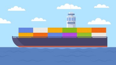 Düz kargo gemisi konteynırları okyanus boyunca yatay resimleme.