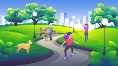 Şehir parkında bir açık hava sahnesi. Yaşlı bir kadın yürüteç üzerinde yürür, bir kadın yoga yapar, bir çocuk kaykaya biner. Çizgi film tarzında açık hava aktivitesi.