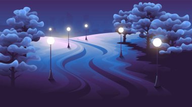 Sokak lambaları ve ağaçların arasında yatay gerçekçi bir resimle dolu bir gece parkı..