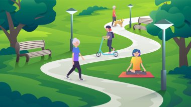 Çizgi film tarzında parkta egzersiz. İnsanlar yoga yapıyor, yürüyor, scooter sürüyor, köpeği gezdiriyor..