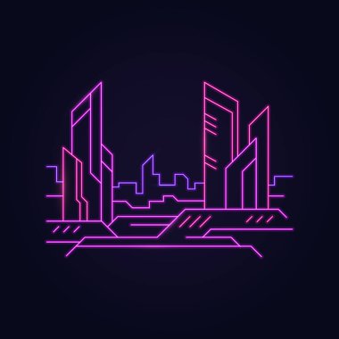 Siyah arka planda, gelecekçi bir şehirde, neon siber punk gökdelenleri..