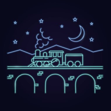 Retro buharlı lokomotif gece köprünün üzerinden geçer. Siyah bir arka planda neon tarzı..