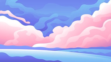 Güzel tüylü kümülüs pembe bulutlar mavi çayırlar üzerinde.