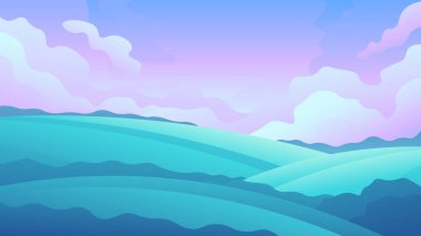 Pembe gökyüzü arka planında yeşil çayırlar. Doğal çayır manzarasının yatay çizimi.