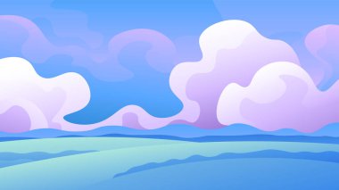 Yeşil bir tarlada yumuşak pembe tüylü bulutlar. Bahar manzarası.