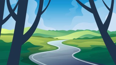 Yeşil yaz otlaklarında, tepelerin ardında dolambaçlı bir yol.