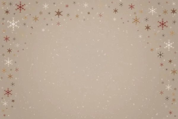 Düşen Kar Tanelerinin Soyut Bej Kahverengi Noel Tatili Arkaplan Çerçevesi — Stok fotoğraf