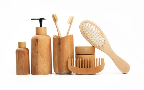 Close Cuidados Beleza Produtos Higiene Pessoal Recipientes Madeira Escovas Dentes — Fotografia de Stock