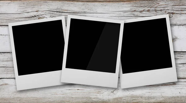 Close Three Empty Polaroid Instant Photo Frames Grunge White Wooden — Stok Foto