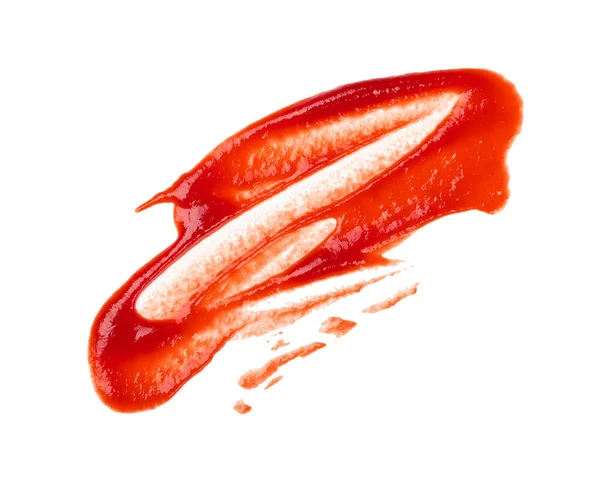白い背景に隔離された赤いケチャップトマトソースの湿った汚れを閉じます 上のビュー 直接上記 — ストック写真
