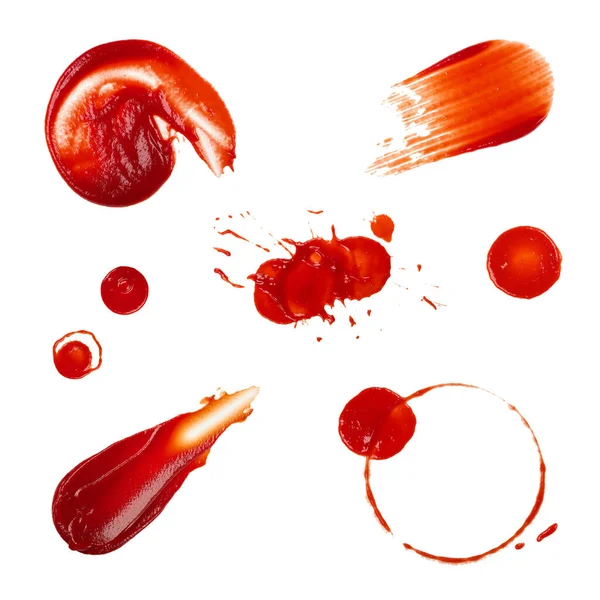 Close Sbírka Různých Červených Kečup Rajčatová Omáčka Mokré Skvrny Izolované — Stock fotografie