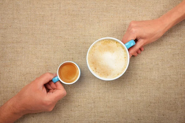 Close Man Woman Hands Hold Two Coffee Cups Espresso Latte — Stock Photo, Image