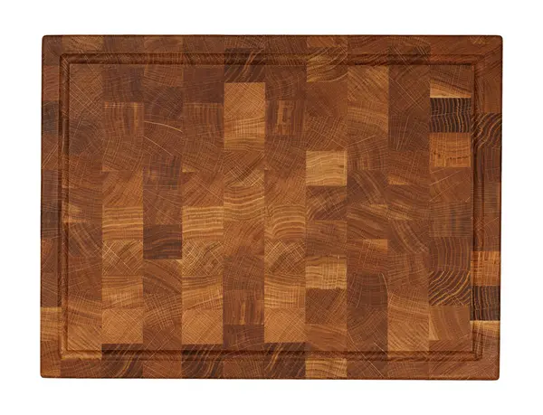 Kahverengi meşe ağacı kesme bloğu, doğal dayanıklı uç tahıl sert tahta kesme tahtası beyaz arka planda izole, yüksek masa üstü manzaralı, tam üstte.