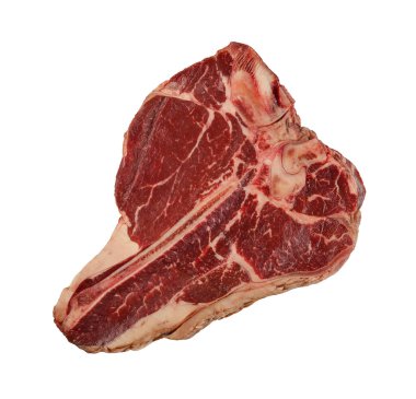 Beyaz arka planda izole edilmiş çiğ biftekli mermer bifteği kapatıyoruz. Üst manzarası yüksek, tam üstte.