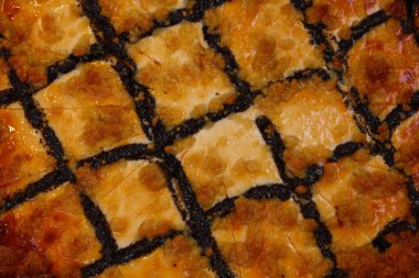 Yeni pişmiş haşhaş tohumu ve peynir karelerini kapatın. Altın parçacıkları ve parlak bir bitiş ile baştan çıkarıcı bir şablon oluşturuluyor