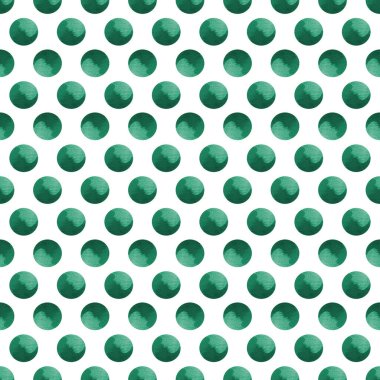 Hand drawn seamless pattern with watercolor dotes.Green background. Hand drawn geometric ornament.
