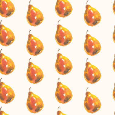 Elle çizilmiş suluboya armutlarıyla kusursuz desen. Paket kağıdı, duvar kağıdı, tekstil, arkaplan ve diğer şeyler için tasarım.