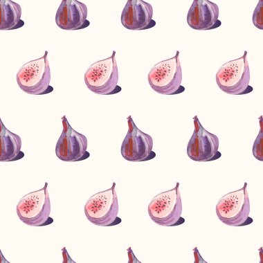 Kusursuz desenli, suluboya incirli ve karalama elementli. Meyve arkaplanı. Paket kağıdı, duvar kağıdı, tekstil, arkaplan ve diğer şeyler için tasarım.