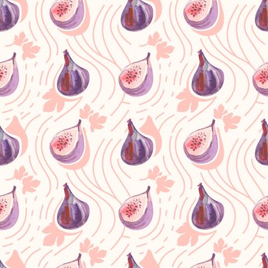 Kusursuz desenli, suluboya incirli ve karalama elementli. Meyve arkaplanı. Paket kağıdı, duvar kağıdı, tekstil, arkaplan ve diğer şeyler için tasarım.