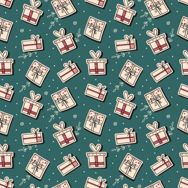 Gift pattern with elements in doodle style. Presents, confetti and spruce branches. Vector holiday background. New Year mood.