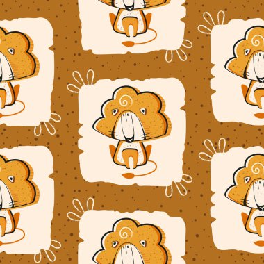 Çizgi film aslanı ve dekor elementleriyle kusursuz desen. Hayvan arka planında taşıyıcı orman. Tekstil, ambalaj kağıdı, duvar kağıdı, tişört baskısı.