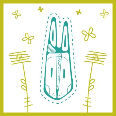 Şekillendirilmiş tavşanı, çiçekleri ve kelebekleri olan şirin bir illüstrasyon. Karalama tarzında tavşan. Kartlar için soyut tavşan, çocuk odası için ideal. Paskalya Yazdırma.