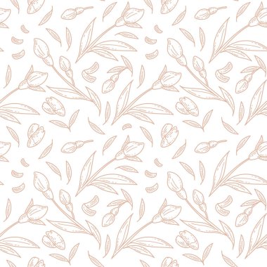 El çizimi bahar çiçekleri, yapraklar ve yapraklar çizim tarzında çizimsiz desen. Çiçek arkaplanı. Tekstil, ambalaj kağıdı, duvar kağıdı baskısı..