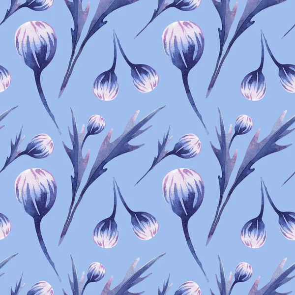 Акварельний Ручний Безшовний Візерунок Фіолетовими Бруньками Листям Ботанічна Ілюстрація Обгортання — стокове фото