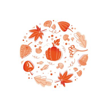 Sonbahar elementlerinin vektör çemberi bileşimi. Yuvarlak sonbahar temalı tasarım ögesi ya da arkaplan. Düz şekilli doğal dekoratif şablon. Beyazda izole edilmiş.