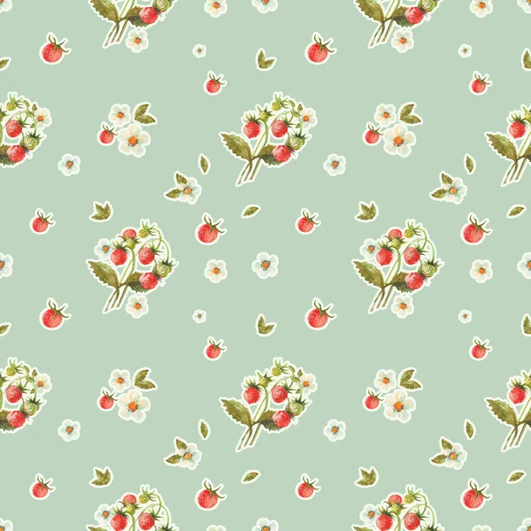 Seamless Pattern Watercolor Strawberry Floral Illustration Berries Flowers Herbal Background — Φωτογραφία Αρχείου
