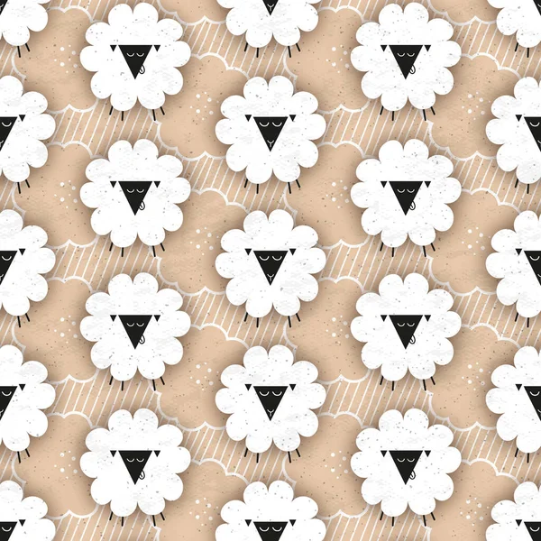 Seamless pattern with with funny sheep and flowers. Design for wrapping paper, wallpaper, textile, backdrop and other.Flat decorative design.