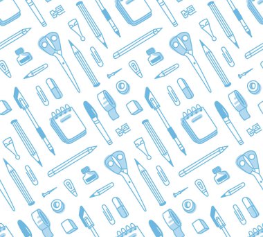 Vector pattern of stationary items. Background with desk accessories. Back to school or business concept design.Good for textile design, wrapping paper, wallpaper.