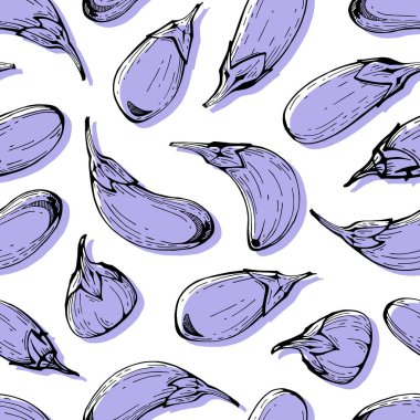 Patlıcanla kusursuz desen. Sebze geçmişi. Tekstil tasarımı, ambalaj kağıdı, duvar kağıdı, menü, kafe vesaire için iyidir. Vektör illüstrasyonu.
