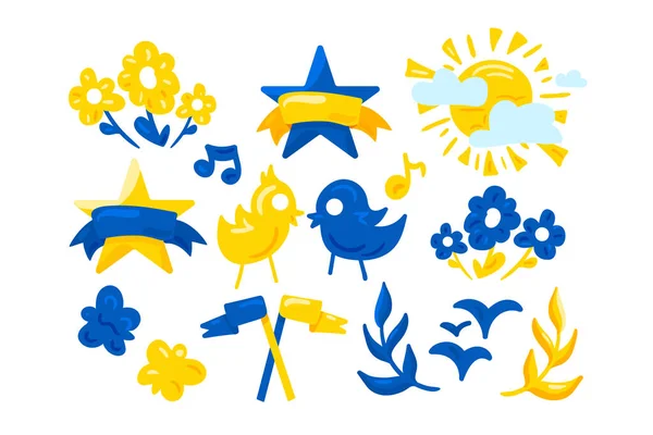Ucraina Bandiera Nazionale Colorato Simbolo Set Vettore Stella Fiore Uccello — Vettoriale Stock