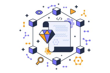 Blockchain akıllı kontrat tabanlı teknoloji vektörü. Şifreli para, elmas ve finans için dijital anlaşma imzalama ve satma. Kripto para birimi düz çizgi film çizimi