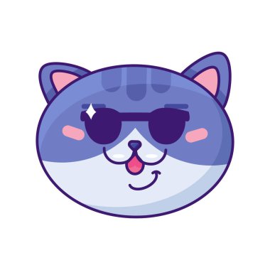 Kedi emojisi gülümsüyor ve güneş gözlüğü takıyor. Havalı kedicik, şık güneş gözlüğü takıyor. Aksesuar, komik bir ifade. Komik gülümseme, olumlu duygu. Neşeli ruh hali, düz çizgi film çizimi.