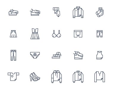 Tekstil ürünleri ve lüks ayakkabı ikonu vektörü. Kumaş tişört ve süveter, çekici elbise ve bluz, çoraplar ve kravat, kadın ve erkek iç çamaşırı, pantolon ve etek düz çizgi film çizimi