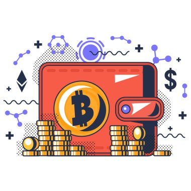 Şifreleme vektörü için Bitcoin kripto cüzdanı. Dijital para birimi ve bozuk para için elektronik depolama. Güvenli finans ve çevrimiçi ödeme düz çizgi film çizimleri için mali sistem