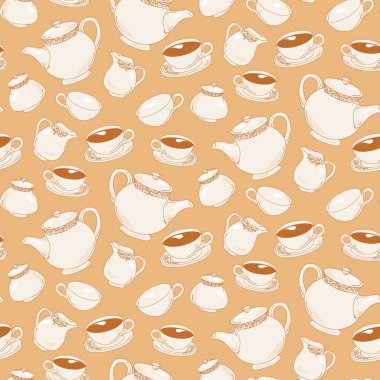 İngiliz çay saati pürüzsüz şablon vektörü. Çaydanlık, tabak ve şeker kabı, lezzetli sıcak enerji içeceği için alet. Lezzetli içecek düz çizgi film çizimi