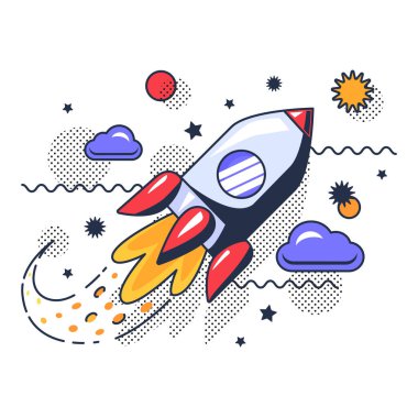 Evren vektöründe uçan uzay roketi nakli. Uzay gemisi gökyüzünde yüksek hızda yıldızlara ve aya doğru uçar. Uzay aracı araştırma yapmak ve düz çizgi film resimlerini keşfetmek için evrene gider.