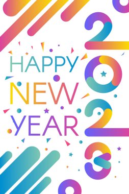 2023 mutlu yeni yıl davetiye kartı pankartı vektörü. İki bin yirmi üç numaralı tasarımda karşılama cümlesi süslenmiş konfeti patlaması var. Parti düz çizgi film illüstrasyonunda poster