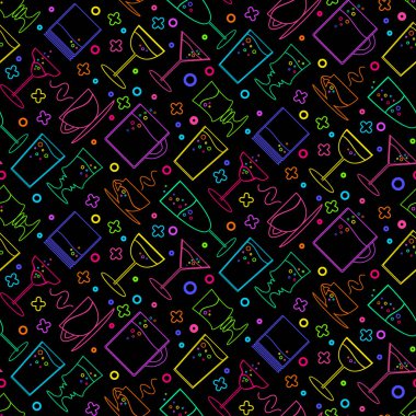 Neon bar meşrubat menüsü dikişsiz kalıp vektörü. Alkolik ve alkolsüz bardaktan ve bardaktan içiyorlar. Kahve ve çay, bira ve kokteyl dinlenmek ve düz çizgi film çizimlerinin keyfini çıkarmak için.