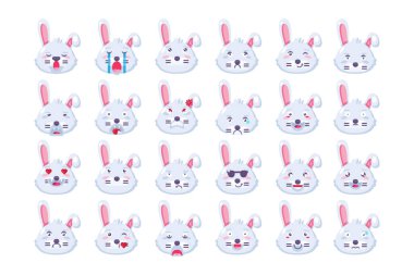 Tavşan emojisi farklı ruh hali koleksiyonu kümesi vektörü. Komik çiftlik hayvanı dişleri ve sevimli gözleriyle gülümsüyor ve gülüyor, üzgün ve kızgın, uyuyor ve öpüşüyor. Çizgi film karikatürü çizimi