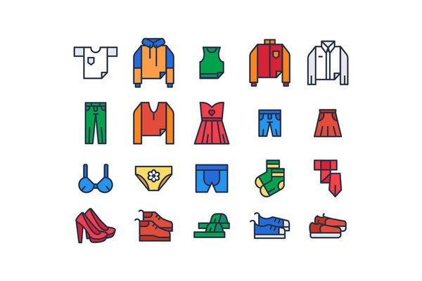 Clothes textile and style luxury shoe icon vector. Fabric t-shirt and sweater, attractive dress and blouse, socks and tie, woman and man underwear, trousers and skirt flat cartoon illustration